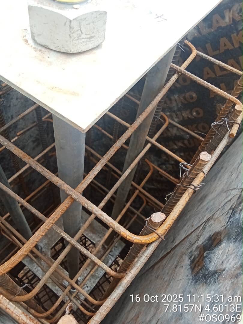 Rebar column closeup with formwork bolts